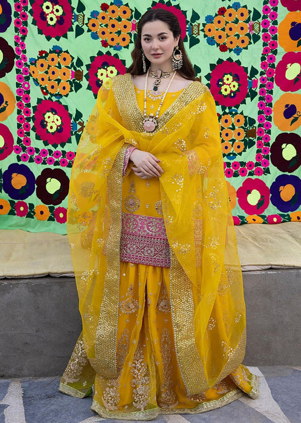 Mayo Organza Bridal Suit-Organza-Yellow-Gharara-Aarasta
