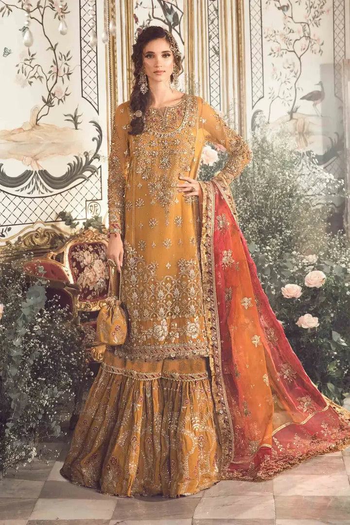 Maria B Chiffon Bridal Suit-Yellow-Chiffon-Gharara-Aarasta