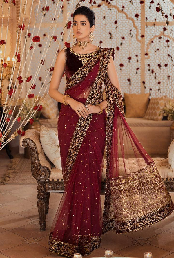 Sadia Asad Net Saree-Maroon-Net-Sari-Aarasta