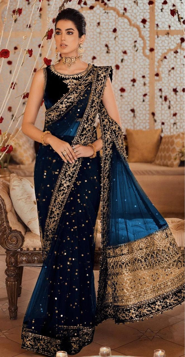 Sadia Asad Net Saree-Navy-Net-Sari-Aarasta