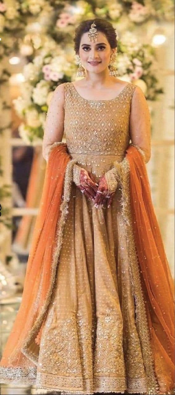 Embroidered Mirror Work Net Frock-Orange-Net-Maxi-Aarasta