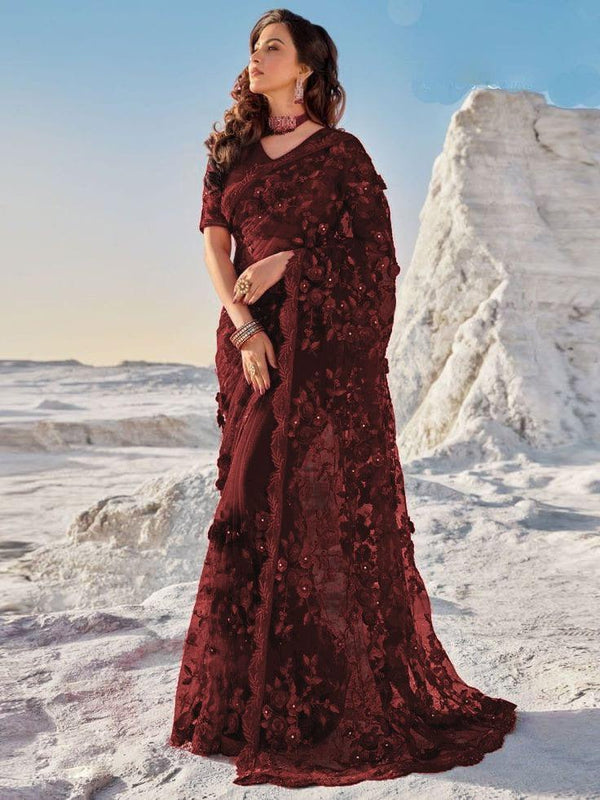Indian Net Saree-Maroon-Net-Sari-Aarasta