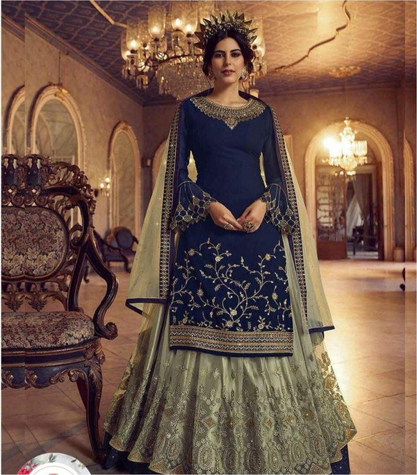 Indian Chiffon Bridal Suit-Navy-Chiffon-Lehenga-Aarasta