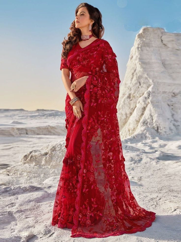 Indian Net Saree-Red-Net-Sari-Aarasta