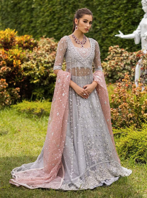 Zainab Chottani Net Bridal Suit-Silver-Net-Maxi-Aarasta