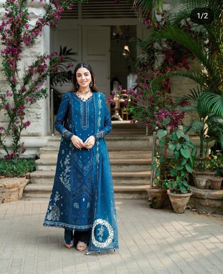Qalamkar Cotton Suit-Cotton-Blue-Aarasta