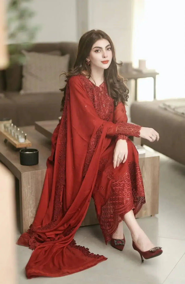 Azure Lawn Suit-Red-Lawn-Chiffon-Aarasta