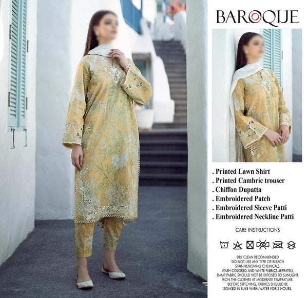 Baroque Lawn Suit-Yellow-Lawn-Chiffon-Aarasta