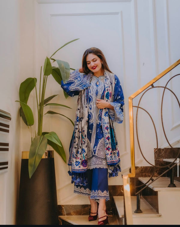 Bin Ilyas Lawn Suit-Blue-Lawn-Silk-Aarasta