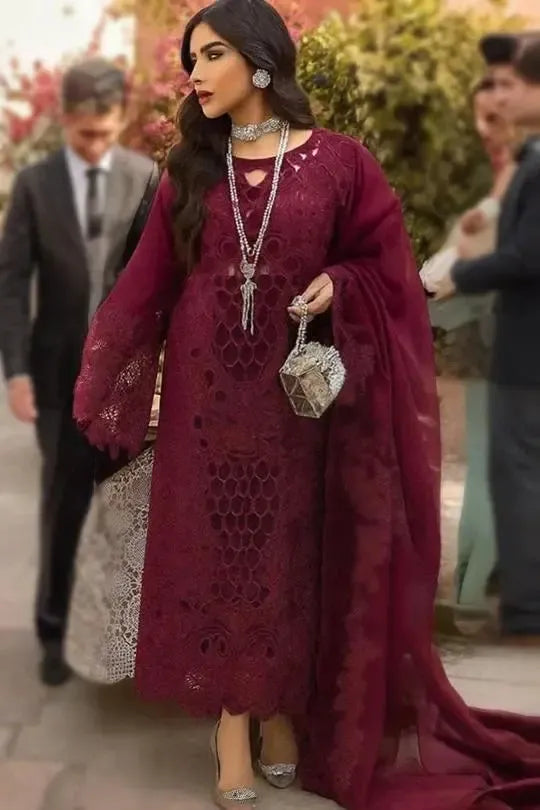 Bin Ilyas Lawn Suit-Maroon-Lawn-Organza-Aarasta
