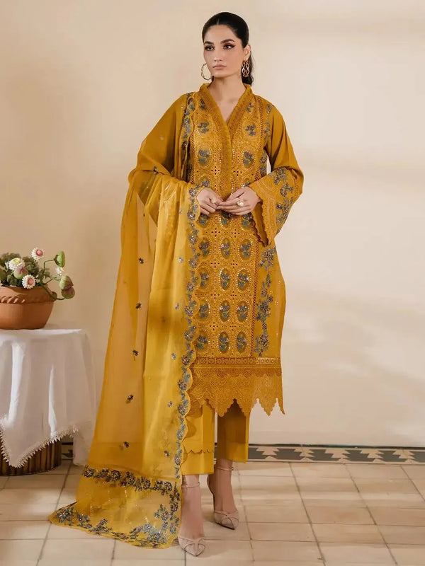 Bin Ilyas Lawn Suit-Mustard-Lawn-Organza-Aarasta