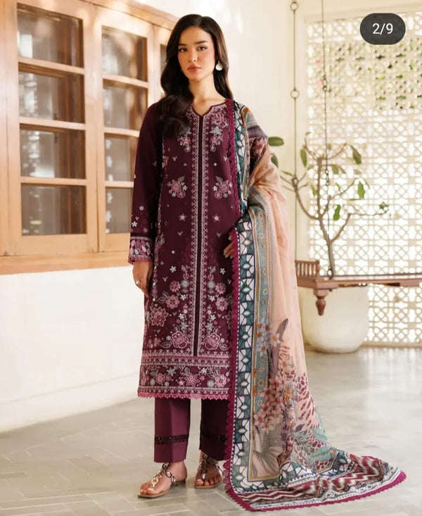 Farasha Lawn Suit-Maroon-Lawn-Silk-Aarasta