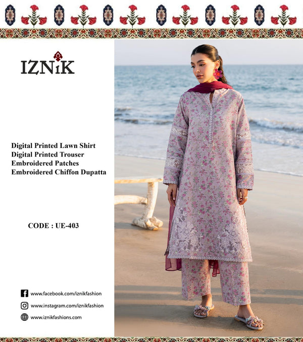 Iznik Lawn Suit-Pink-Lawn-Chiffon-Aarasta