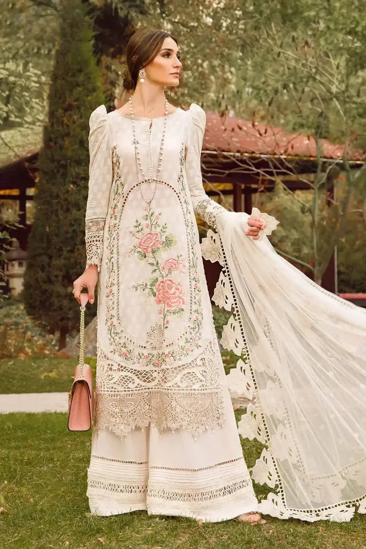 Maria B Lawn Suit-Beige-Lawn-Organza-Aarasta