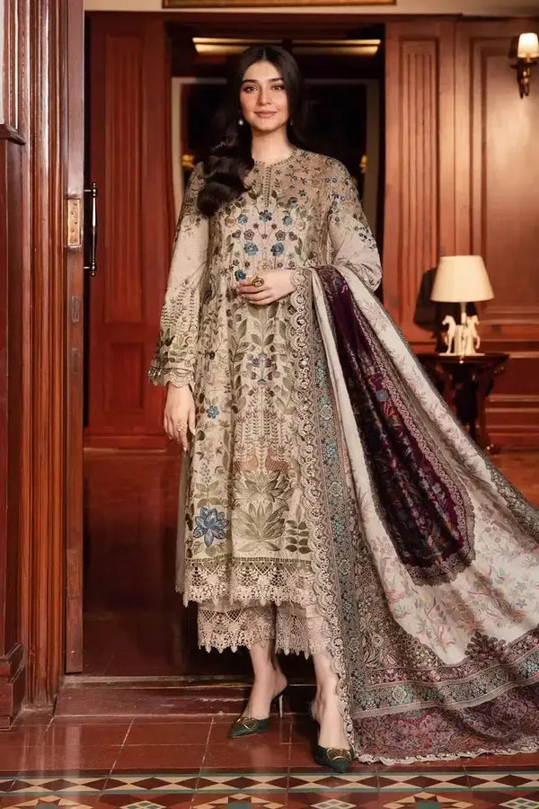 Maria B Lawn Suit-Beige-Lawn-Chiffon-Aarasta