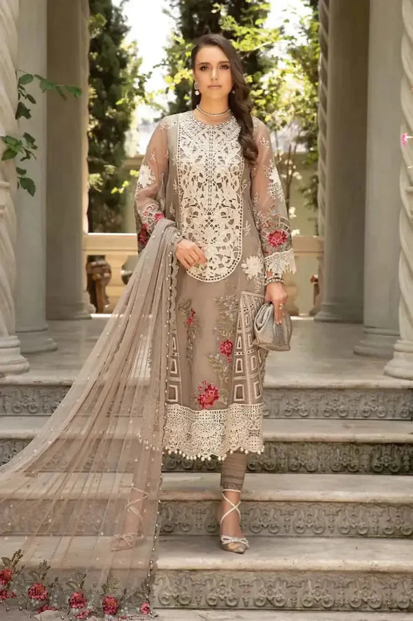Maria B Lawn Suit-Beige-Lawn-Net-Aarasta