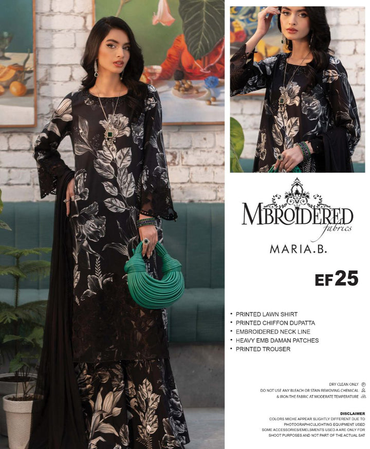 Maria B Lawn Suit-Black-Lawn-Chiffon-Aarasta