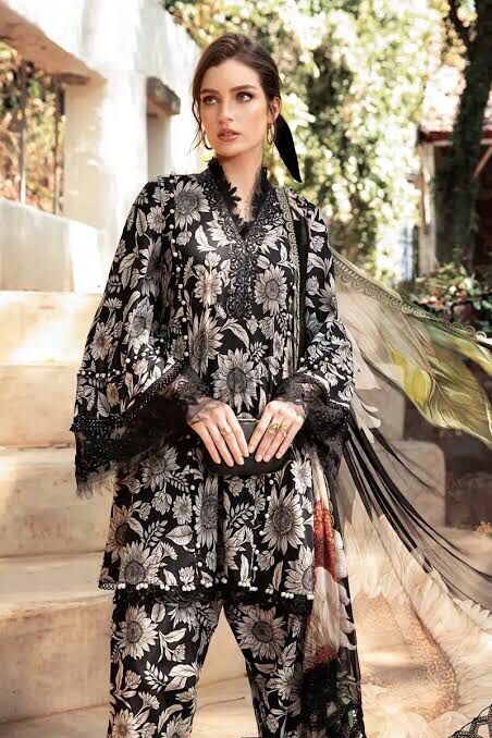 M Print Lawn Suit-Lawn-Black-Chiffon-Aarasta