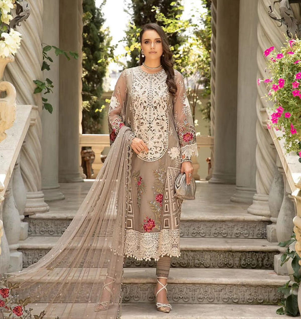 Maria B Lawn Suit-Lawn-Brown-Net-Aarasta