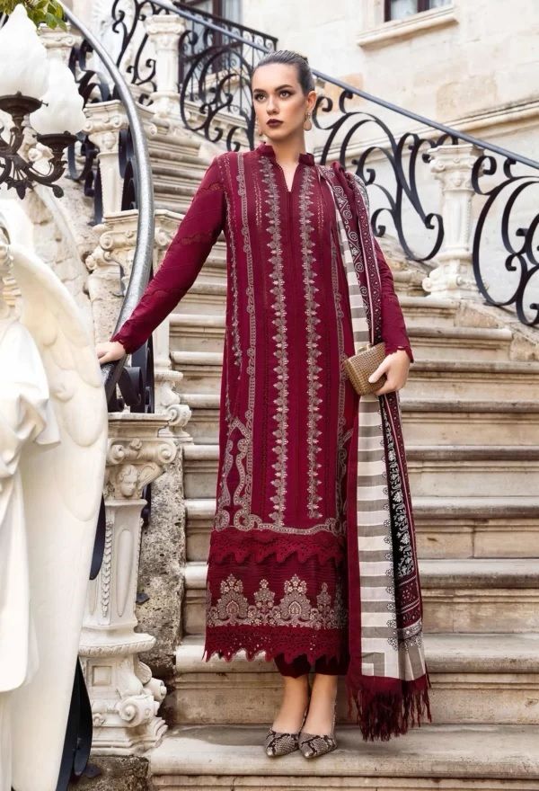 Maria B Lawn Suit-Lawn-Maroon-Silk-Aarasta