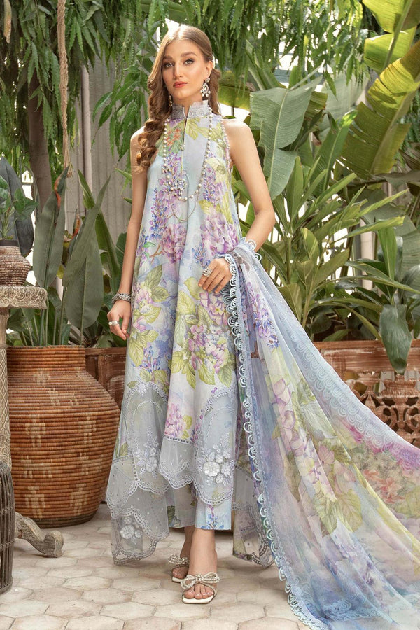 M Print Lawn Suit-Lawn-Sky Blue-Chiffon-Aarasta