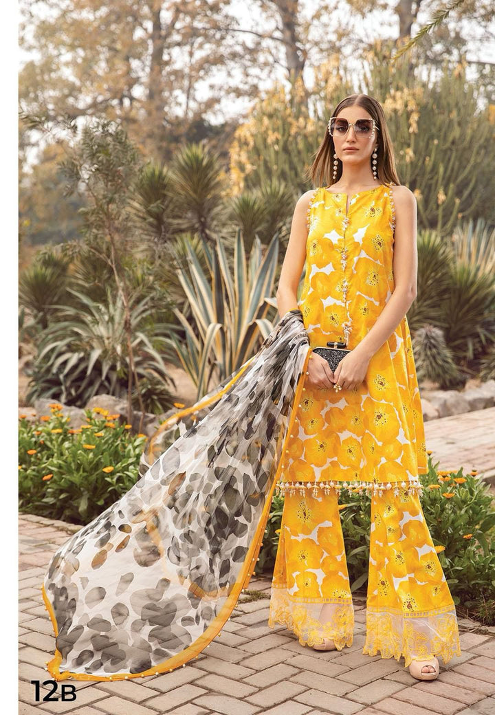 M Print Lawn Suit-Lawn-Yellow-Chiffon-Aarasta
