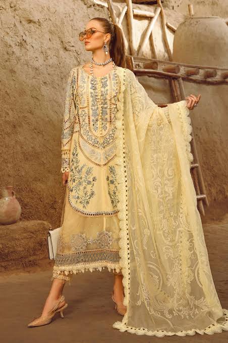 Maria B Lawn Suit-Lawn-Yellow-Organza-Aarasta