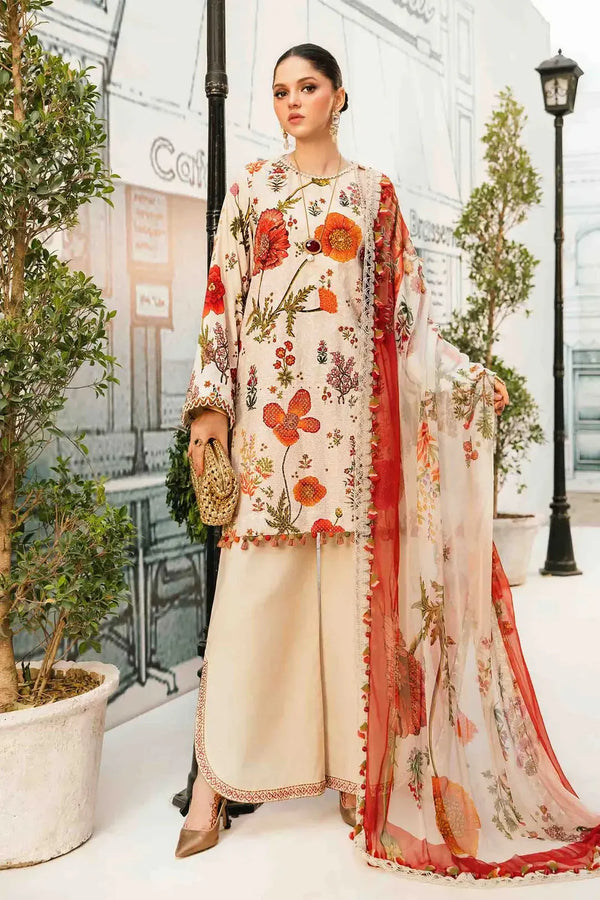 Maria B Lawn Suit-Peach-Lawn-Chiffon-Aarasta