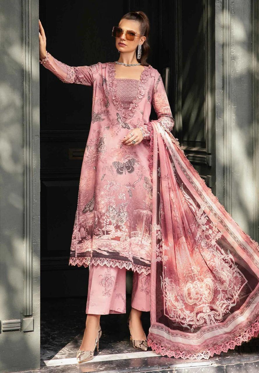 Maria B Lawn Suit-Pink-Lawn-Chiffon-Aarasta