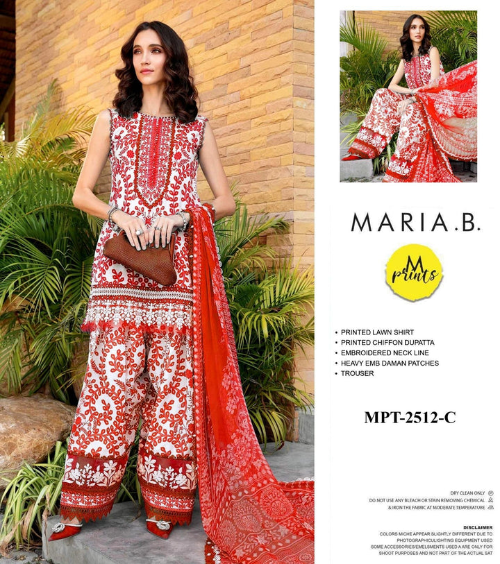 Maria B Lawn Suit-Red-Lawn-Chiffon-Aarasta