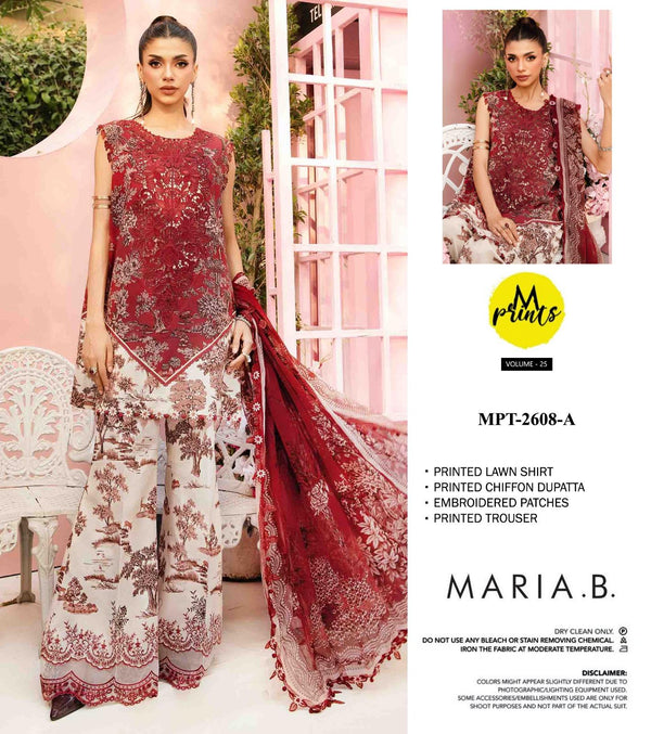 Maria B Lawn Suit-Red-Lawn-Chiffon-Aarasta