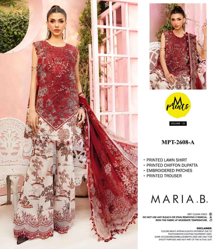Maria B Lawn Suit-Red-Lawn-Chiffon-Aarasta