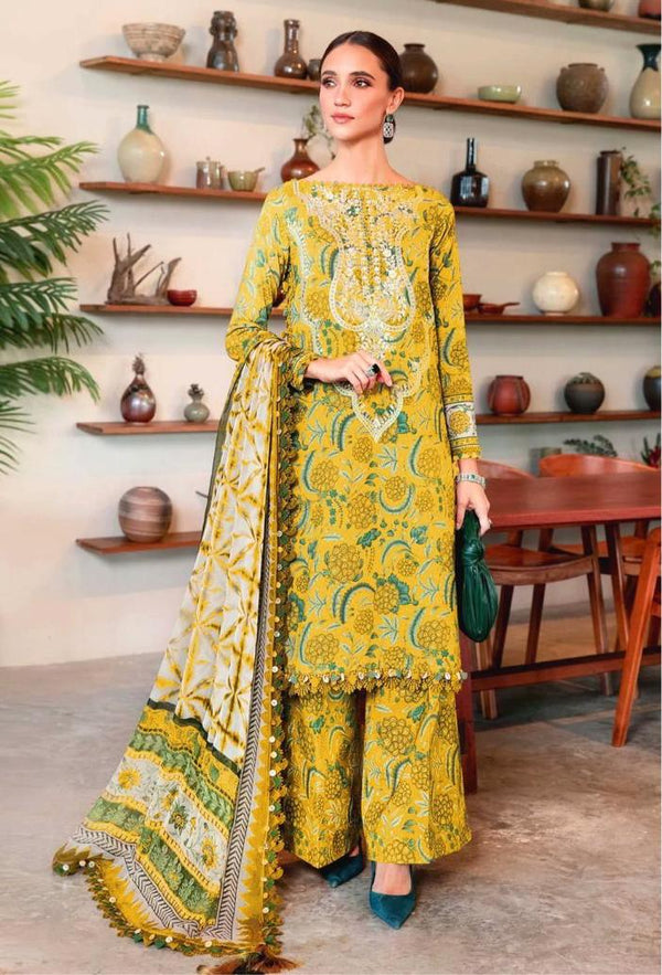 Maria B Lawn Suit-Yellow-Lawn-Chiffon-Aarasta