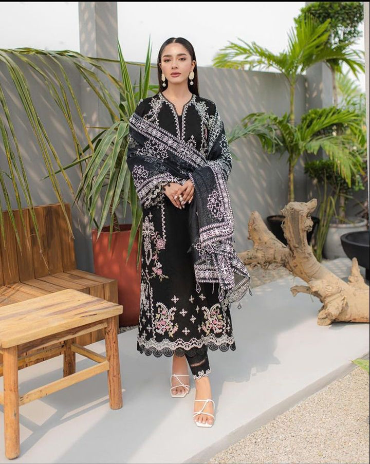 Qalamkar Lawn Suit-Lawn-Black-Organza-Aarasta