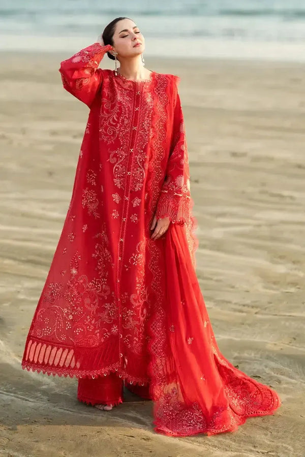 Qalamkar Lawn Suit-Red-Lawn-Net-Aarasta