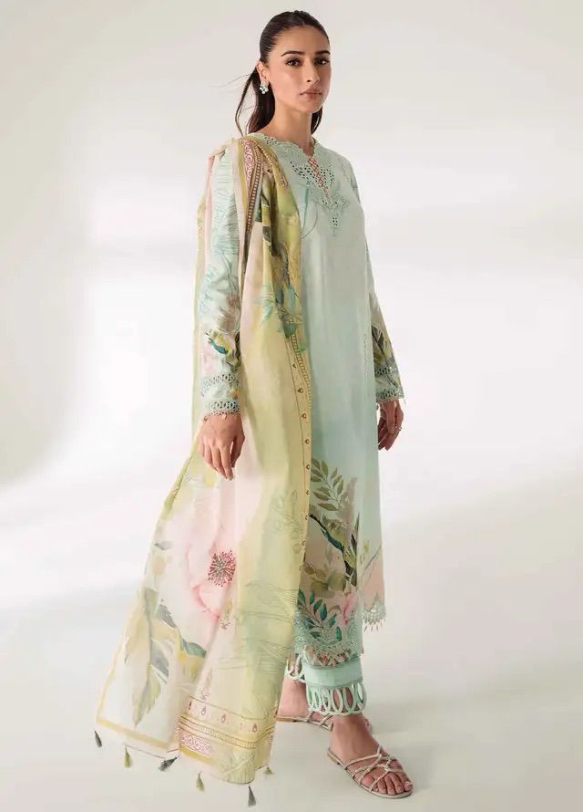 Qalamkar Lawn Suit-Sea Green-Lawn-Silk-Aarasta