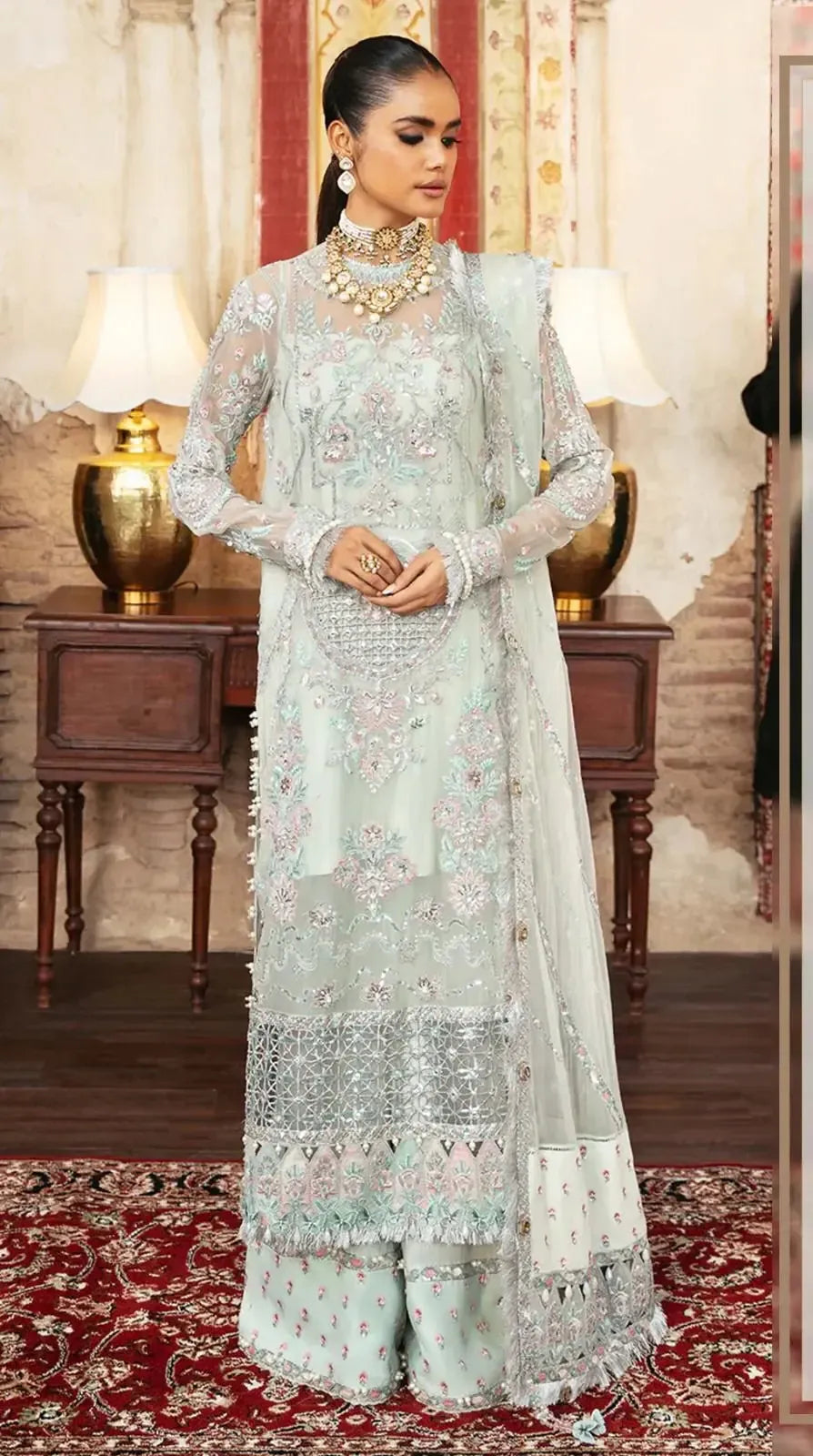 Afrozeh Organza Suit-Ferozi-Organza-Aarasta