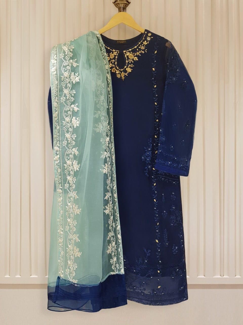 Agha Noor Organza Suit-Navy-Organza-Aarasta