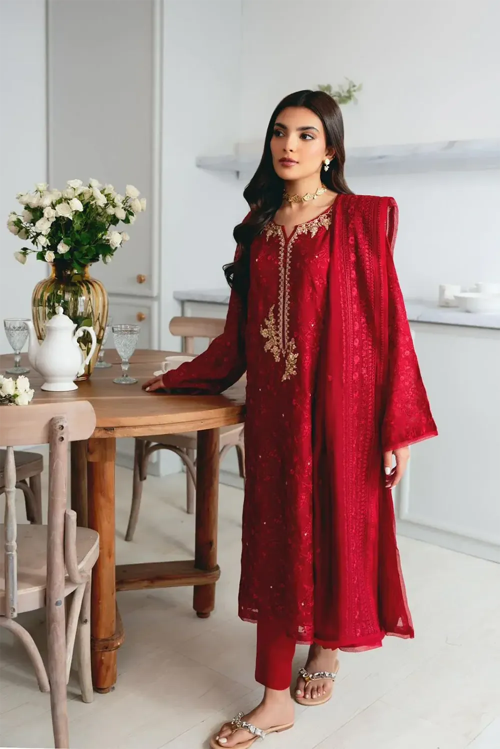Agha Noor Chiffon Suit-Red-Chiffon-Aarasta