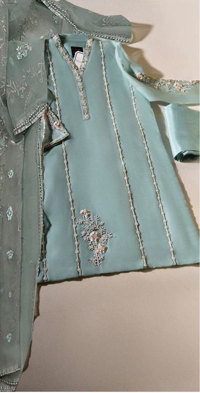 Agha Noor Organza Suit-Sea Green-Organza-Aarasta