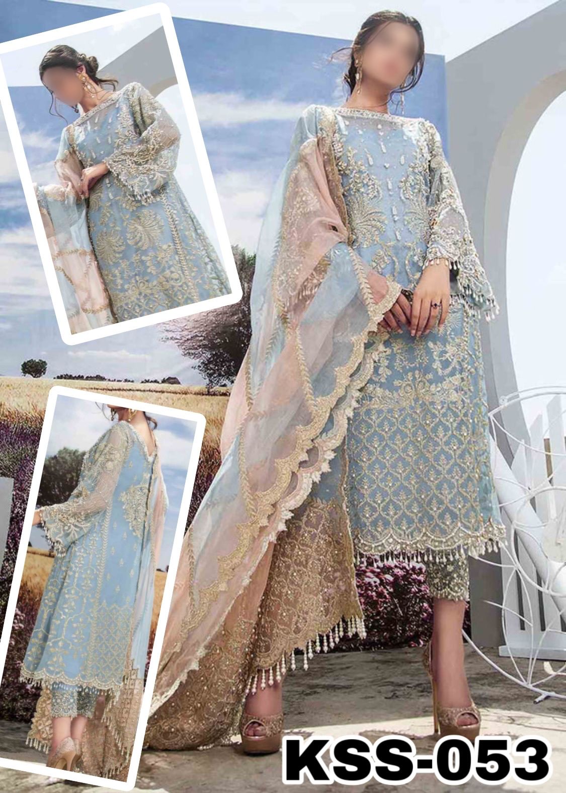Agha Noor Organza Suit-Sky Blue-Organza-Aarasta