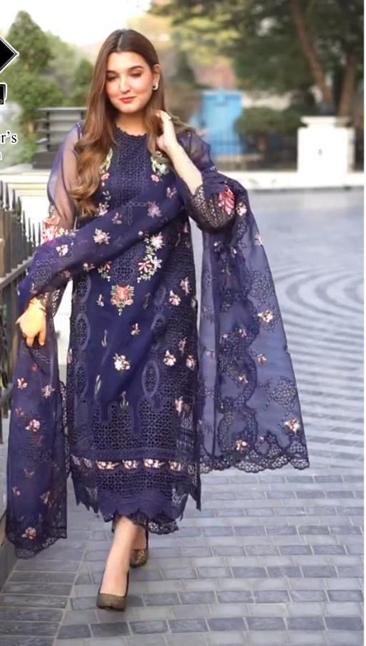 Aneela's Organza Suit-Blue-Organza-Aarasta