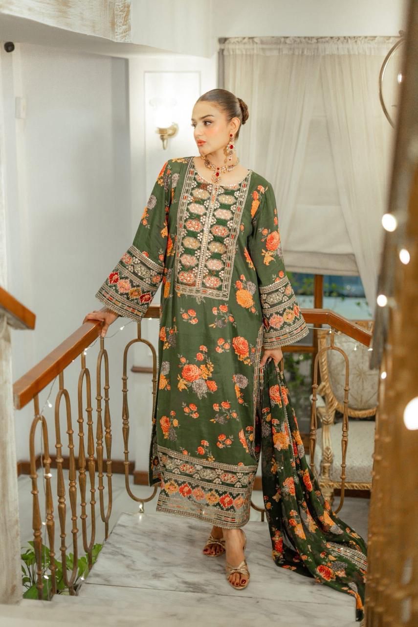 Aneela's Silk Suit-Green-Silk-Aarasta