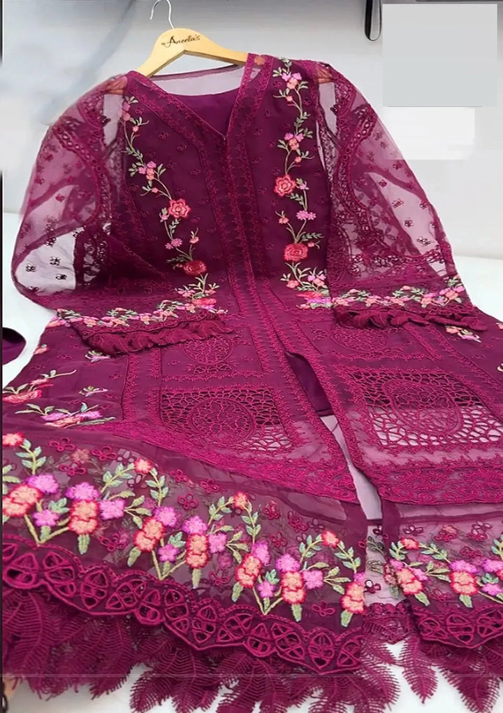 Aneela's Organza Suit-Maroon-Organza-Aarasta