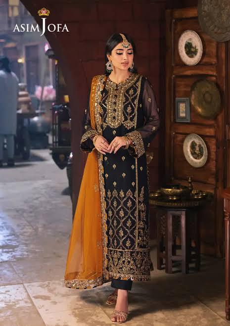 Asim Jofa Chiffon Suit-Black-Chiffon-Aarasta