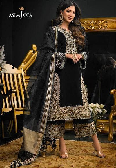 Asim Jofa Chiffon Suit-Black-Chiffon-Aarasta