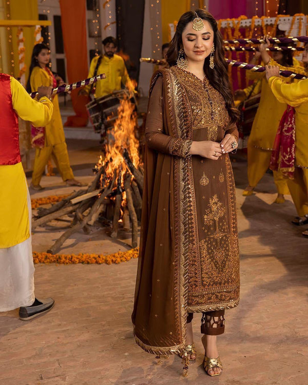 Asim Jofa Chiffon Suit-Brown-Chiffon-Aarasta