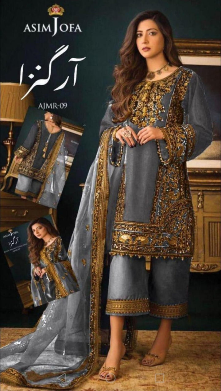 Asim Jofa Organza Suit-Grey-Organza-Aarasta