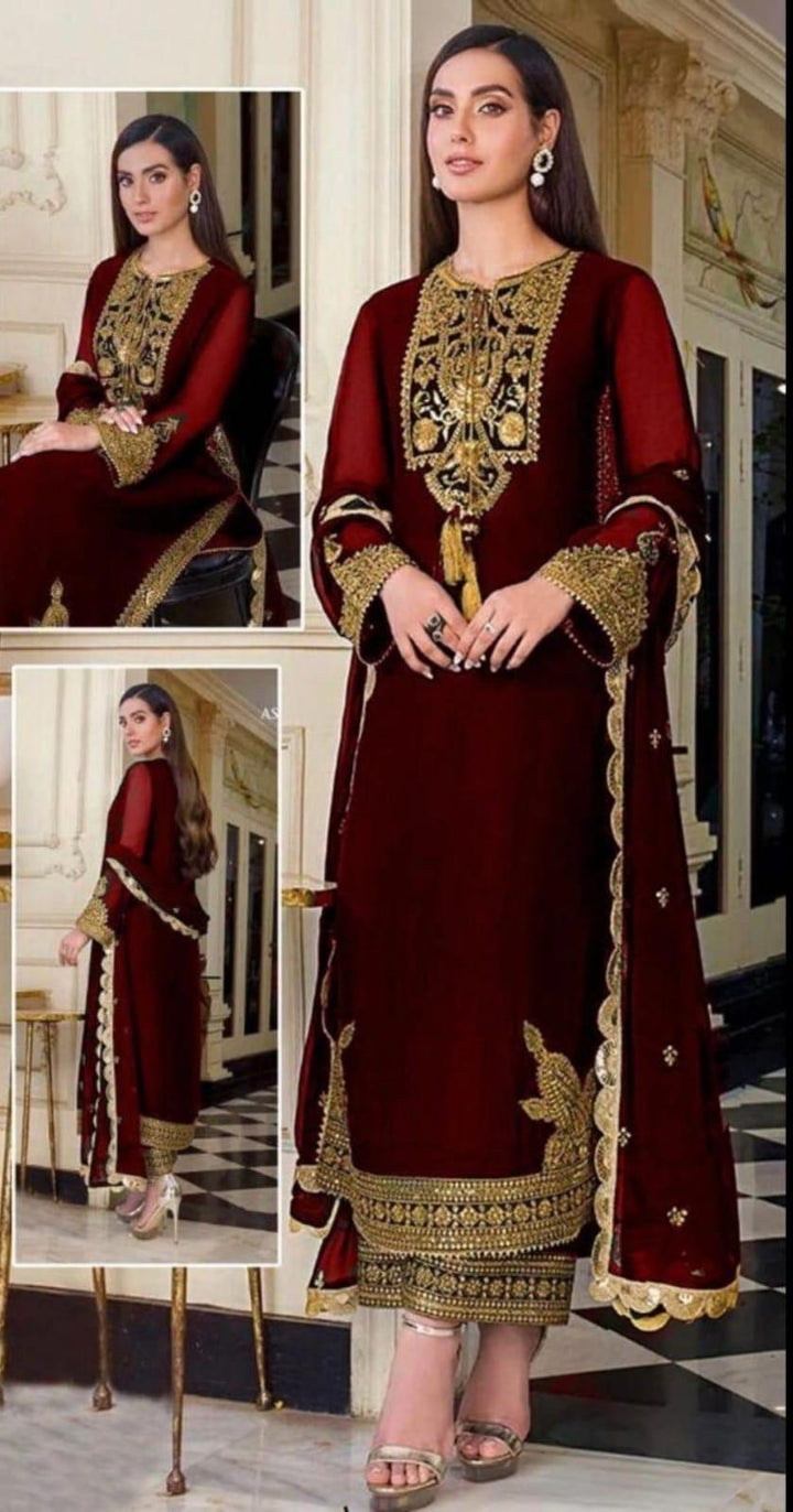 Asim Jofa Chiffon Suit-Maroon-Chiffon-Aarasta