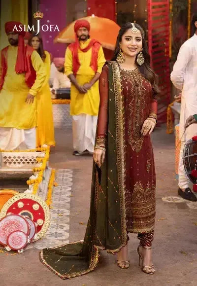 Asim Jofa Chiffon Suit-Maroon-Chiffon-Aarasta